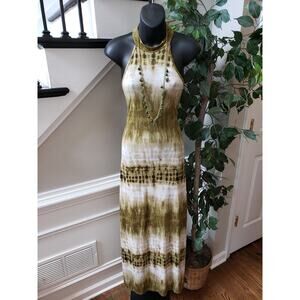 Cleo Long Maxi Dress Womens S Green Tie Dye Trapeze Stretch Halter Cutout Back